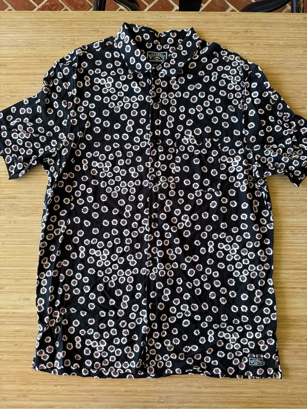 Billabong Black Short-Sleeve Button-Up with White and Purple Daisy Print